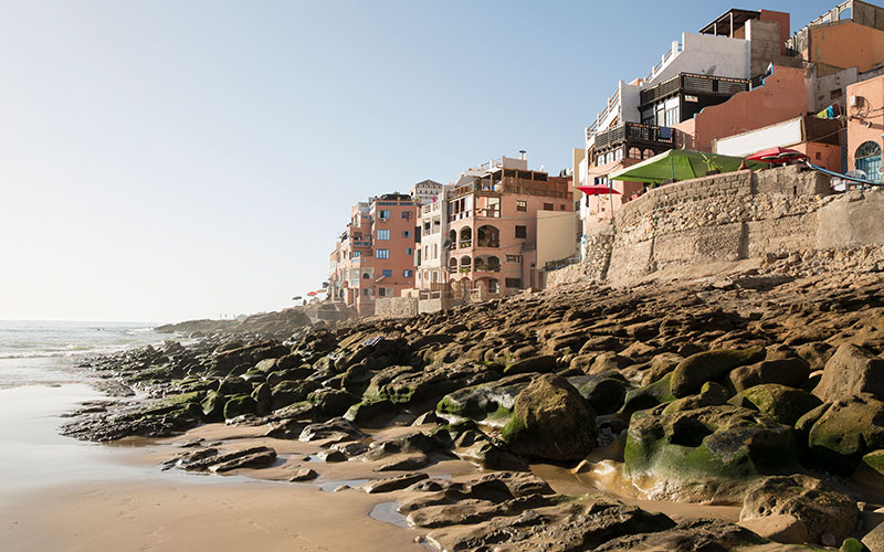 View of beach and coast, Taghazout, Morocco
