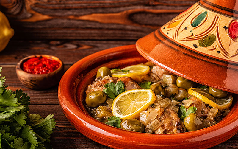 Traditional Moroccan chicken tagine with olives and salted lemons
