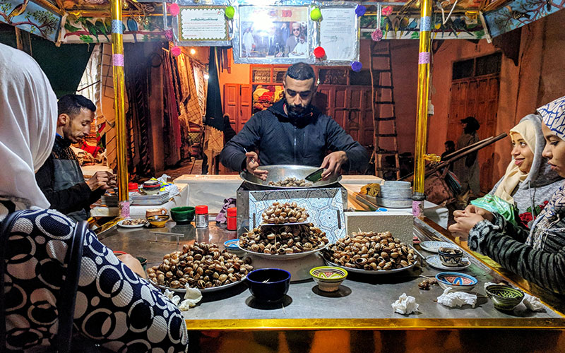 Snails in a peppery broth called babbouche, a popular street food in Marrakech